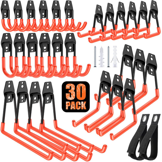 MIKRUI 30 Pack Heavy Duty Garage Hooks,Solid Steel Wall Mount Hangers,with Anti-Slip Coating,for Hanging and Organising Ladder,Bike,Ropes,Broom,Garden,Yard and Power Tools