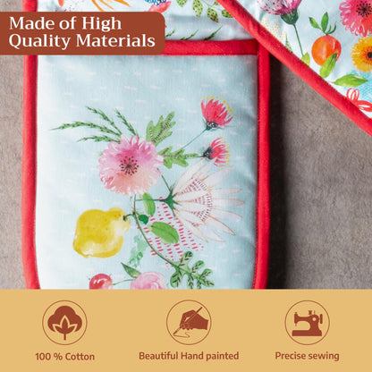 Maison d' Hermine Double Oven Mitts 100% Cotton 7"x35" Double Oven Mitt Heat Resistant BBQ Cooking Gloves with Loop Baking Grilling Kitchen Hotel Home Farmhouse Spring Summer (Jardin D'Ete - Mint)