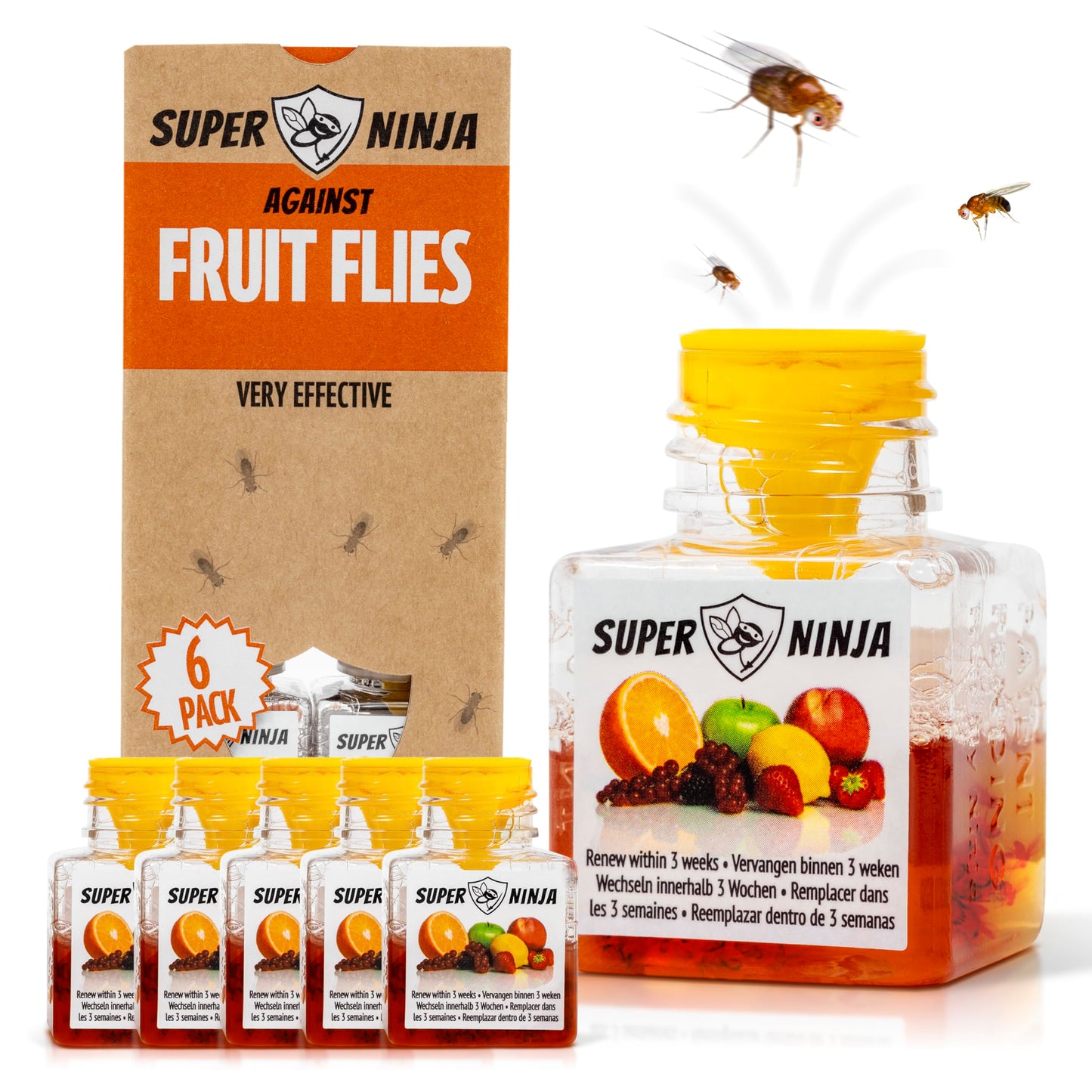 Super Ninja Fruit Fly Trap - 6 pack, Highly Effective Fruit Fly Killer for Home & Kitchen, Up to 3 Weeks of Performance per Bottle, Child & Pet Friendly