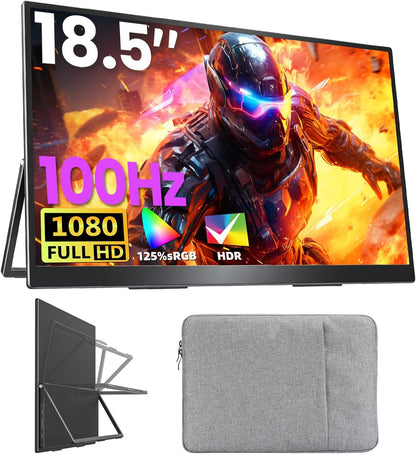 Portable Monitor 18.5" FHD 125% sRGB 100Hz IPS HDR HDMI USB-C Travel Monitor for Laptop MacBook PC Surface PS5 Xbox, Large External Display with Kickstand & Speakers, VESA Compatible