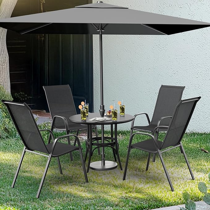 VINGLI Patio Chairs Set of 8 – Stackable Outdoor Dining Chairs with Comfortable Sling High Back Chairs and Armrests for Lawn, Poolside, Courtyard, Balcony, Garden, Black