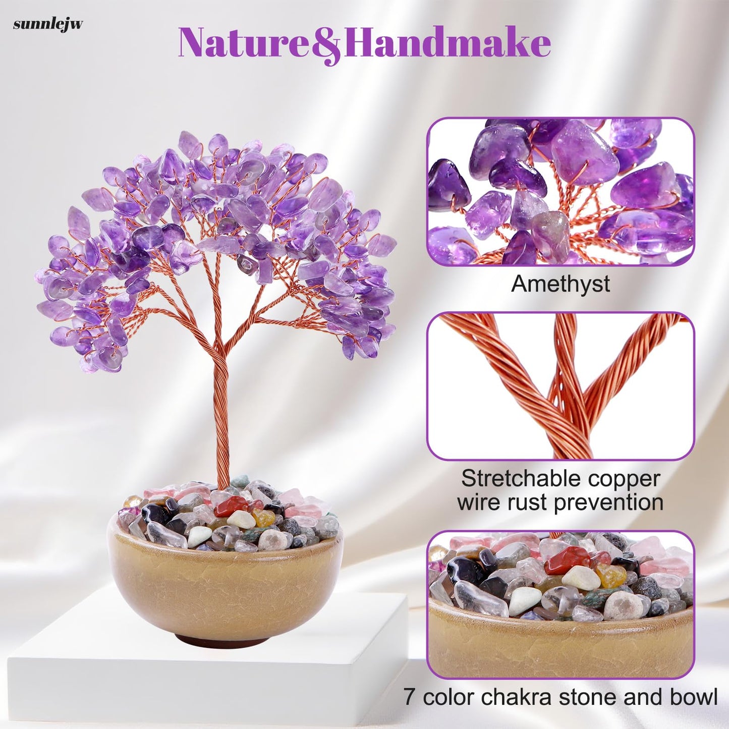 Sunnlejw Amethyst Crystal Tree of Life, Chakra Tree Gifts for Women Purple Room Decorations,Crystals and Healing Stones Reiki Positive Energy, Feng Shui Office Desk Decor Meditation