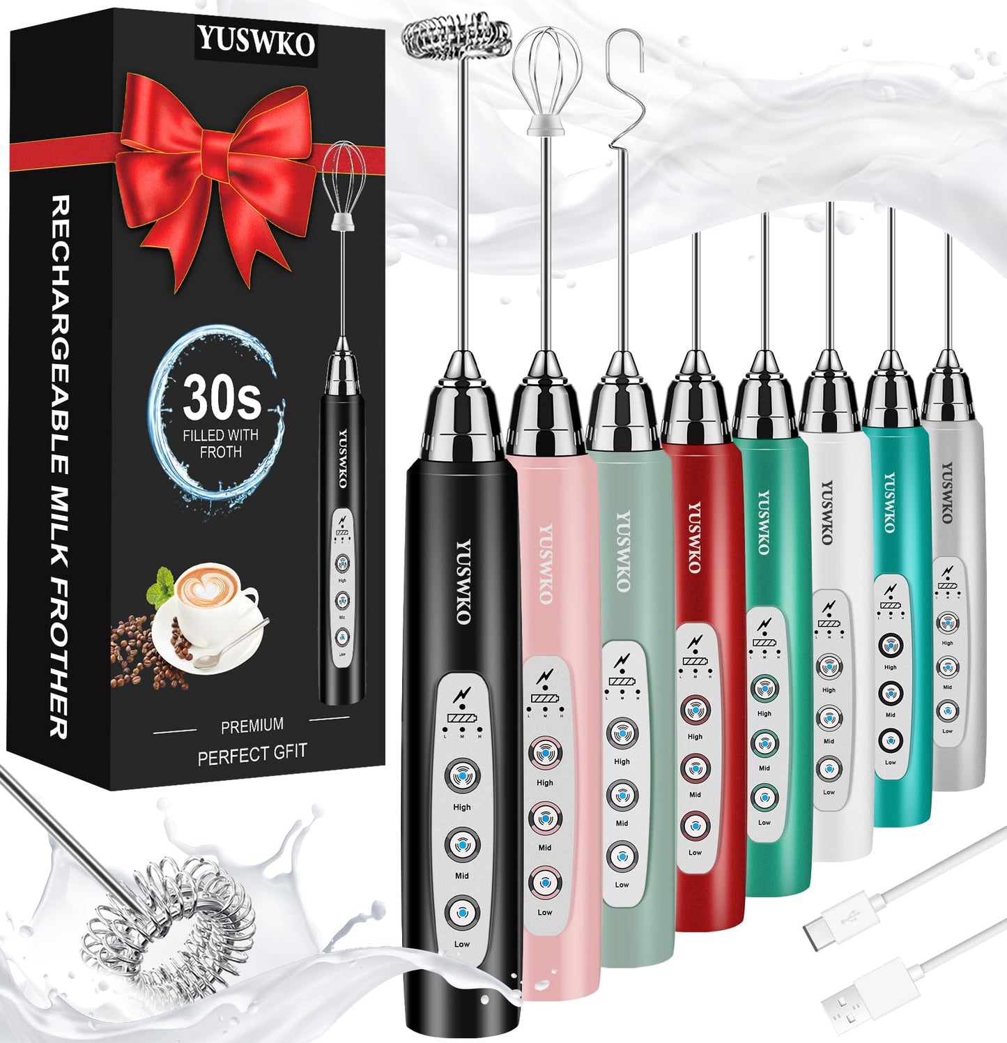 YUSWKO Black Handheld Milk Frother Wand for Coffee, Rechargeable Electric Whisk with 3 Heads 3 Speeds Drink Mixer Coffee Frother For Latte, Cappuccino, Hot Chocolate, Egg
