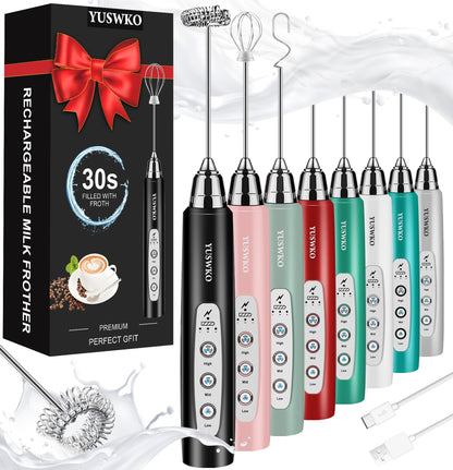 YUSWKO Black Handheld Milk Frother Wand for Coffee, Rechargeable Electric Whisk with 3 Heads 3 Speeds Drink Mixer Coffee Frother For Latte, Cappuccino, Hot Chocolate, Egg