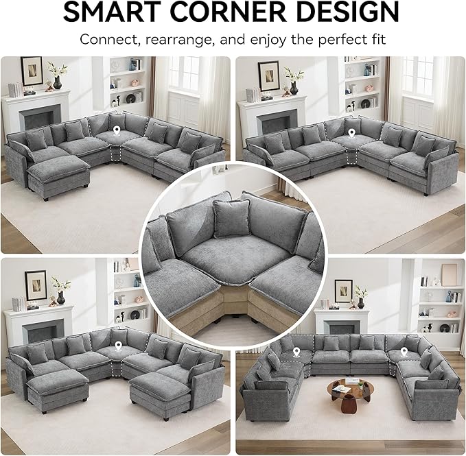147'' Oversized U Shaped Cloud Sectional Sofa, Chenille Deep Seat Couches
