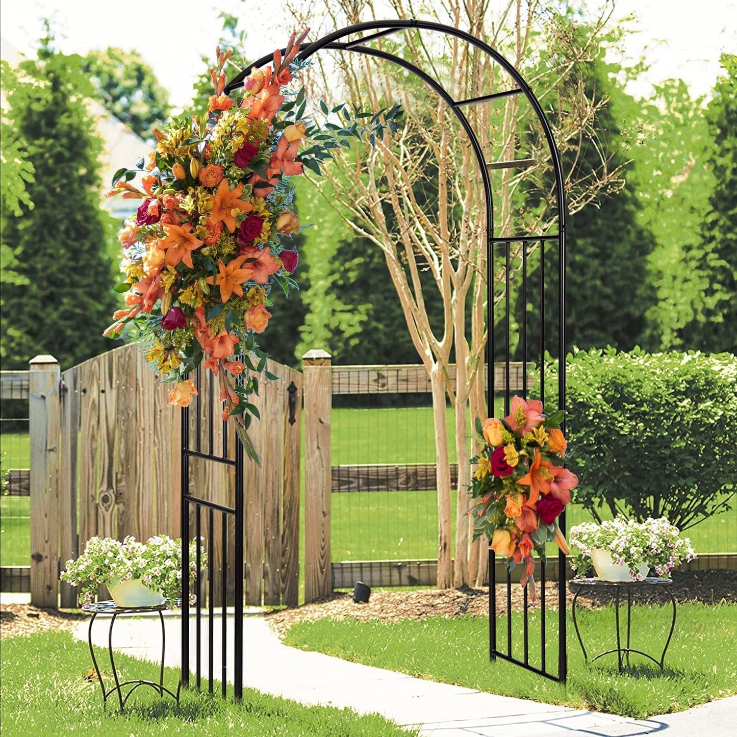 LDAILY Moccha Garden Arch Arbor Trellis, 7.2Ft Outdoor Steel Arbor with Stakes, Metal Archway for Climbing Plants, Wide Sturdy Garden Arch for Lawn, Party, Ceremony Wedding Decoration, Black