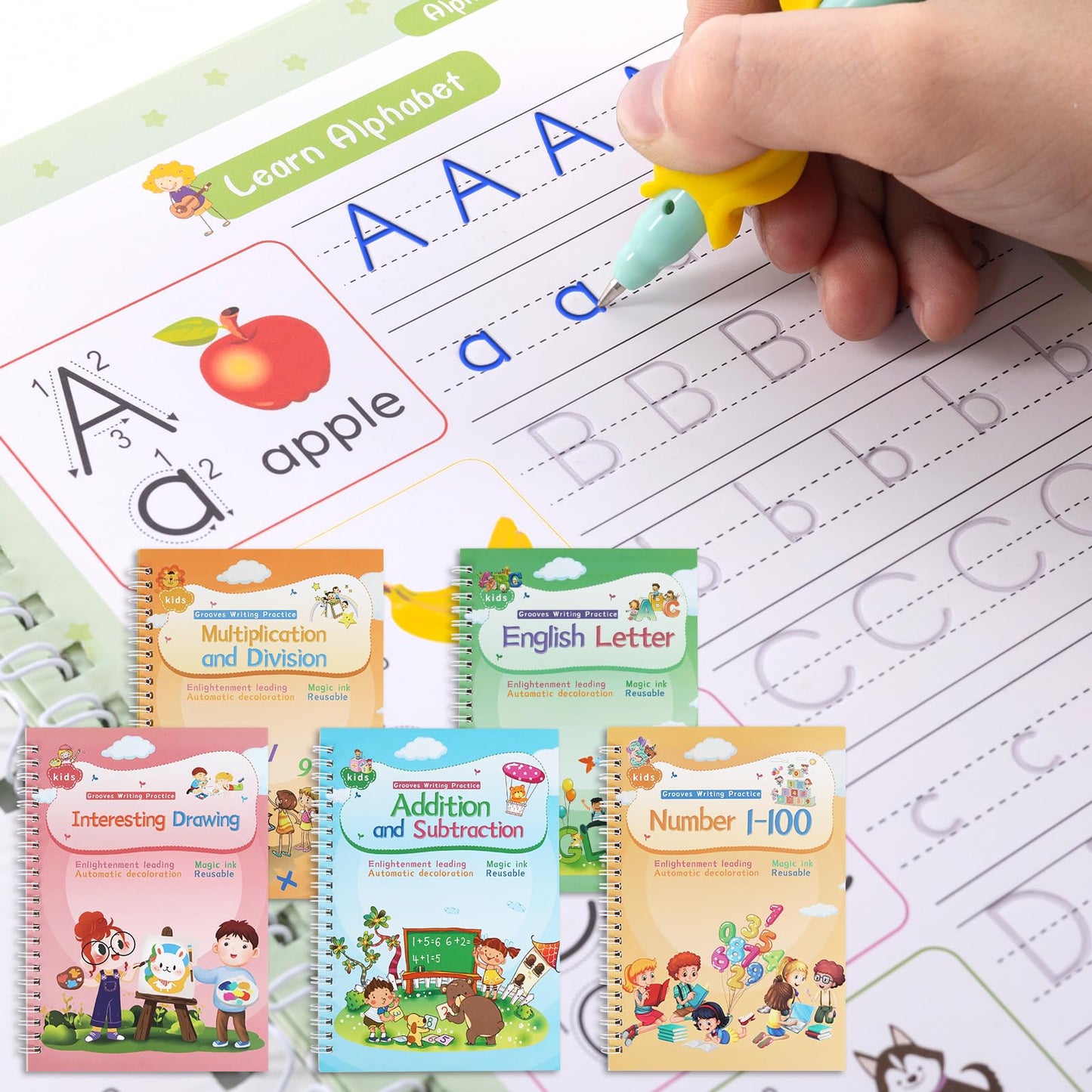 Magical Handwriting Workbooks Practice Copybook, Aid Magic Pen Reusable Grooves Template Design for Children (4 Books, 10.2×7.2 in)