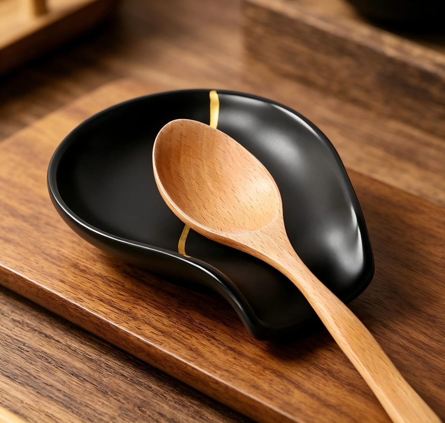 BosilunLife Black Ceramic Spoon Rest – Kintsugi Style Spoon Holder for Stove Top and Kitchen Countertop, Dishwasher Safe (Black)