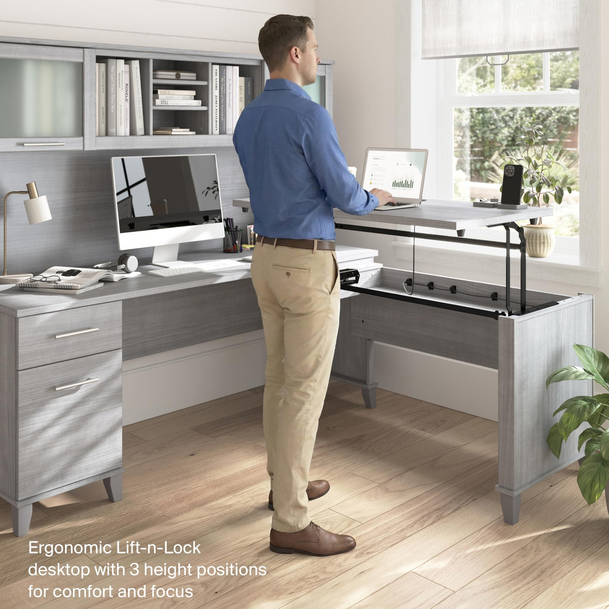 Bush Home 72-Inch L-Shaped Sit to Stand Desk with Hutch, Adjustable Height Standing Corner Computer Desk with Drawers, Shelves and Storage Cabinet, Home Office, Somerset Collection, Platinum Gray