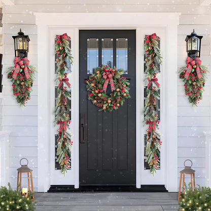 Glitzhome 24 Inch Christmas Wreath with Bell Pinecone Berry Bow, Rustic Plaid Front Door Decor for Indoor and Covered Porch, Large Holiday Decoration