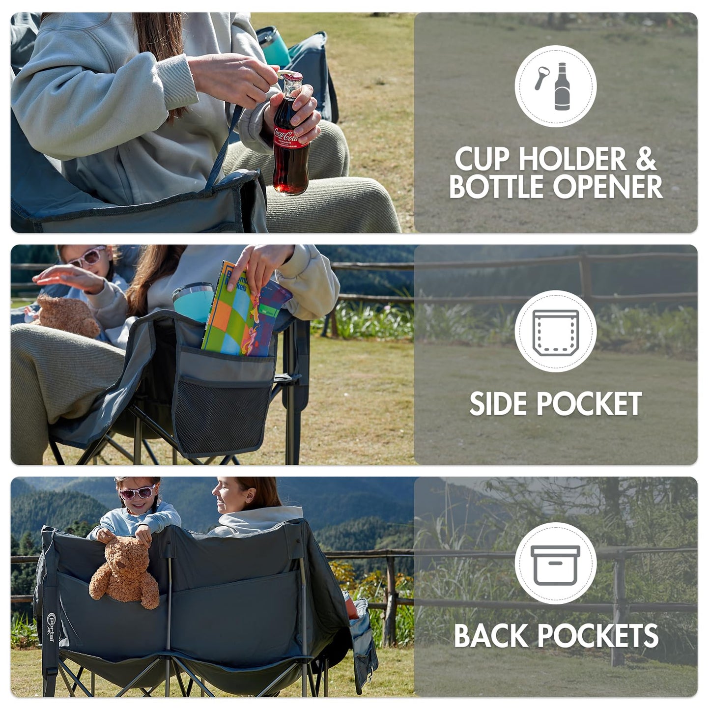 Portal Double Camping Chair, 2 Person Folding Loveseat for Adults, Padded Cushion Camp Lawn Love Seat with Side Pocket Portable Couch, Two Person Heavy Duty Wide Chairs with Cup Holder, 600 lbs