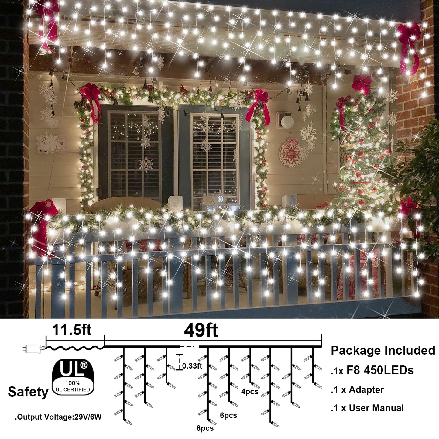 FLVOECN Christmas Lights Outdoor, 98FT 900LED Ice Lights for Outside, Ice String Lights with 8 Modes, Waterproof Timer Memory Hanging Light for Eaves Party Yard Garden(Cool White)