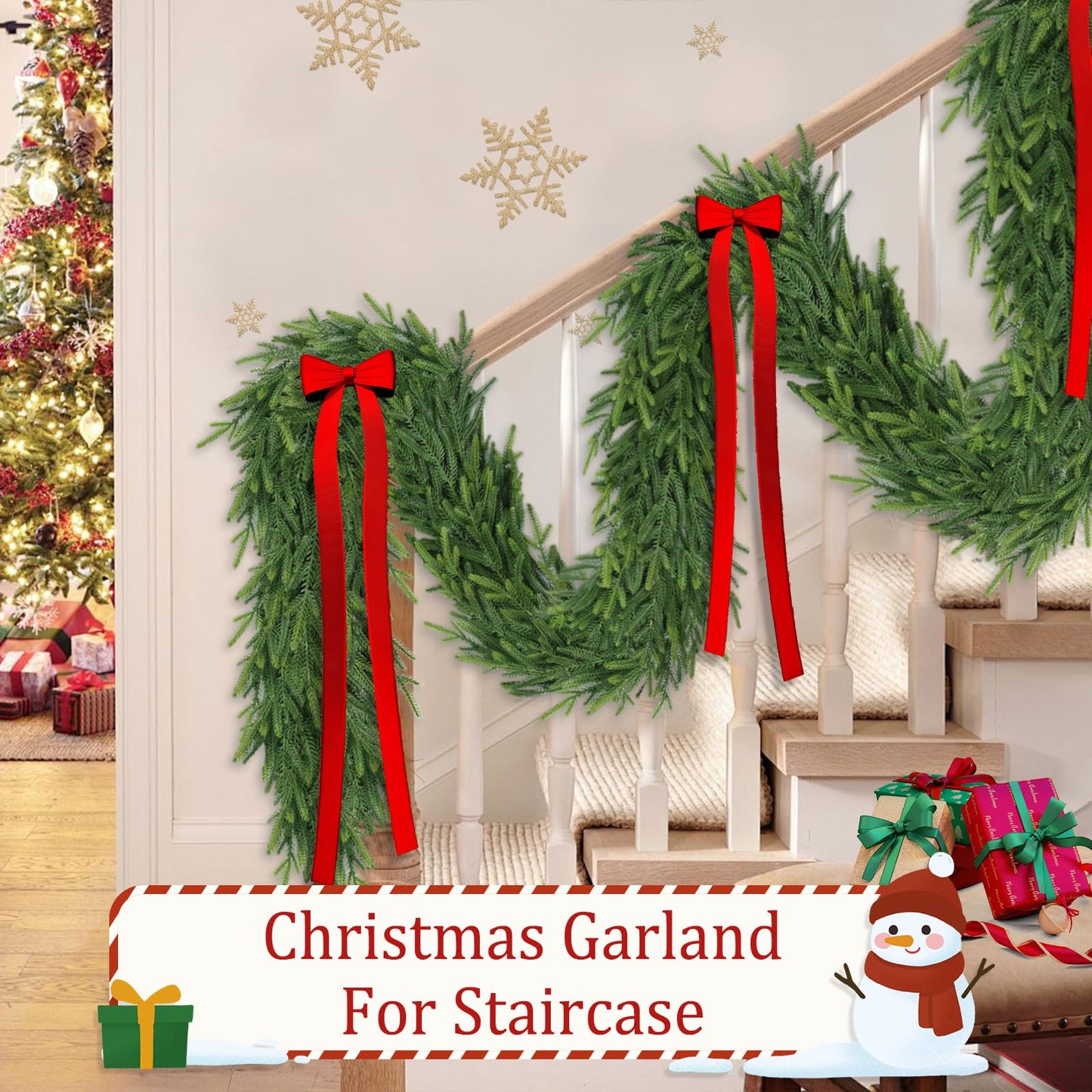 9Ft Christmas Garland for Staircase Railing Soft Bendable Real Touch Artificial Faux Evergreen Cedar Pine Mantle Garland for Fireplace Porch Table Home Yard Christmas Indoor Outdoor Decor(Real Pine)