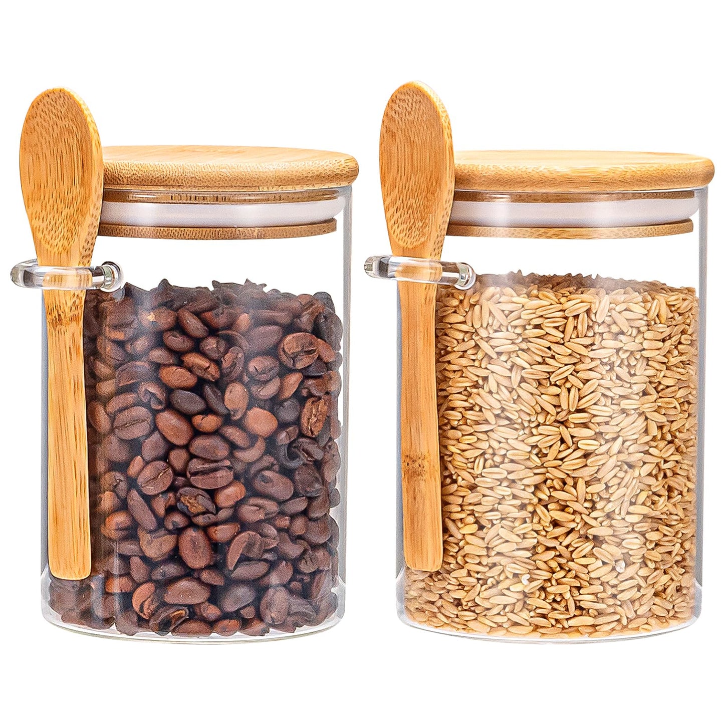 Airtight Food Storage Containers, Glass Canister With Wooden Spoon and Lids, 20 Oz Jars for Serving Bath Salt, Sugar, Spice, Coffee, Tea, Cereals, Condiment (2 Set)