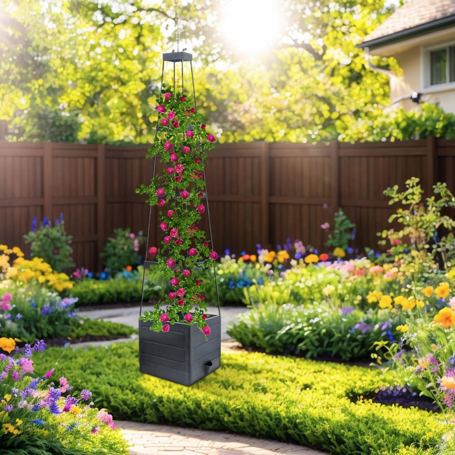 Raised Garden Bed with Trellis - Self-Watering Planter Box for Tomatoes, Vegetables & Flowers, Weather-Resistant for Patio & Greenhouse