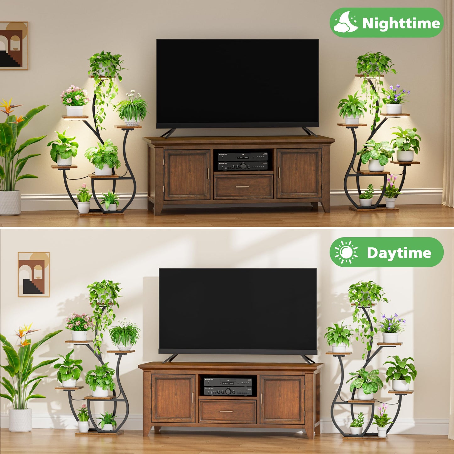CODACE Plant Stand Indoor with Grow Lights - 2 PCS Indoor Plant Shelf, 6 Tiered Corner Plant Stands for Indoor Plants, Swan-Shaped Plant Holder, Metal Flower Display Rack for Living Room (Black)