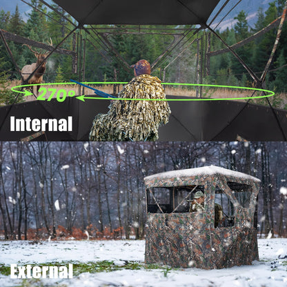 HUNTSEN 3-4 Person Hunting Blind - 270 Degree See Through Deer Blind with Magnetic Full Open Door - Pop Up Ground Blinds - Portable Resilient Hunting Tent for Deer & Turkey