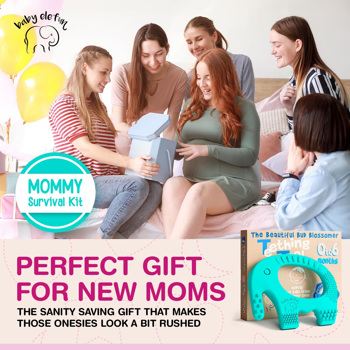 Baby Elefun Teething Ring for Babies 0-6 Months - 5X Pain Relief Smart Teether - Zero Developmental Delay Silicone Teether - Cute Infant Chew Toy, Shower Gift