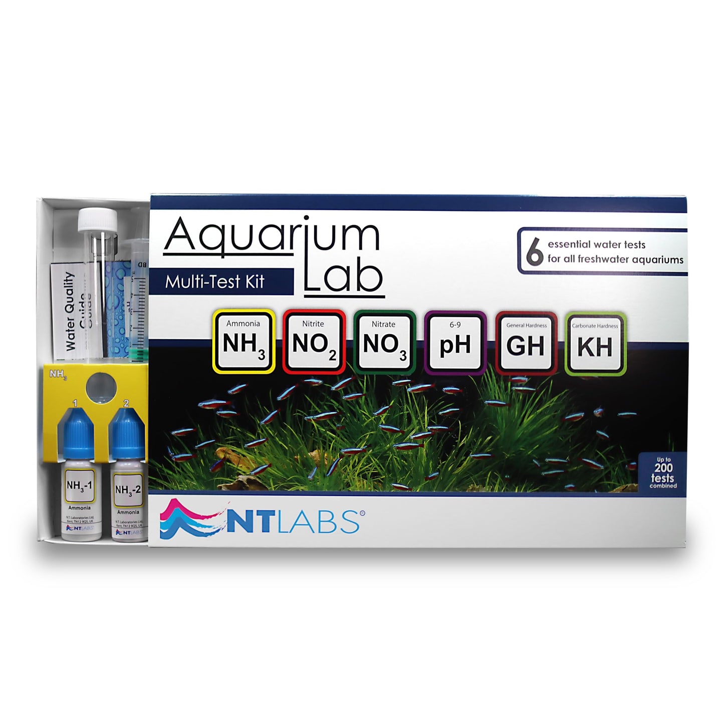 NT Labs Aquarium Lab Multi Test Kit (All-in-one Water Testing Kit - Ammonia, Nitrite, Nitrate, pH, General Hardness (GH) and Carbonate Hardness (KH)), Accurate Results, Up to 200 Tests, Easy to Use