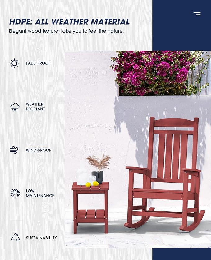 KINGYES HDPE Outdoor Rocking Chair Set of 4, All-Weather Poly Patio Rocking Chairs with 330lbs Support for Adults, Dark Red