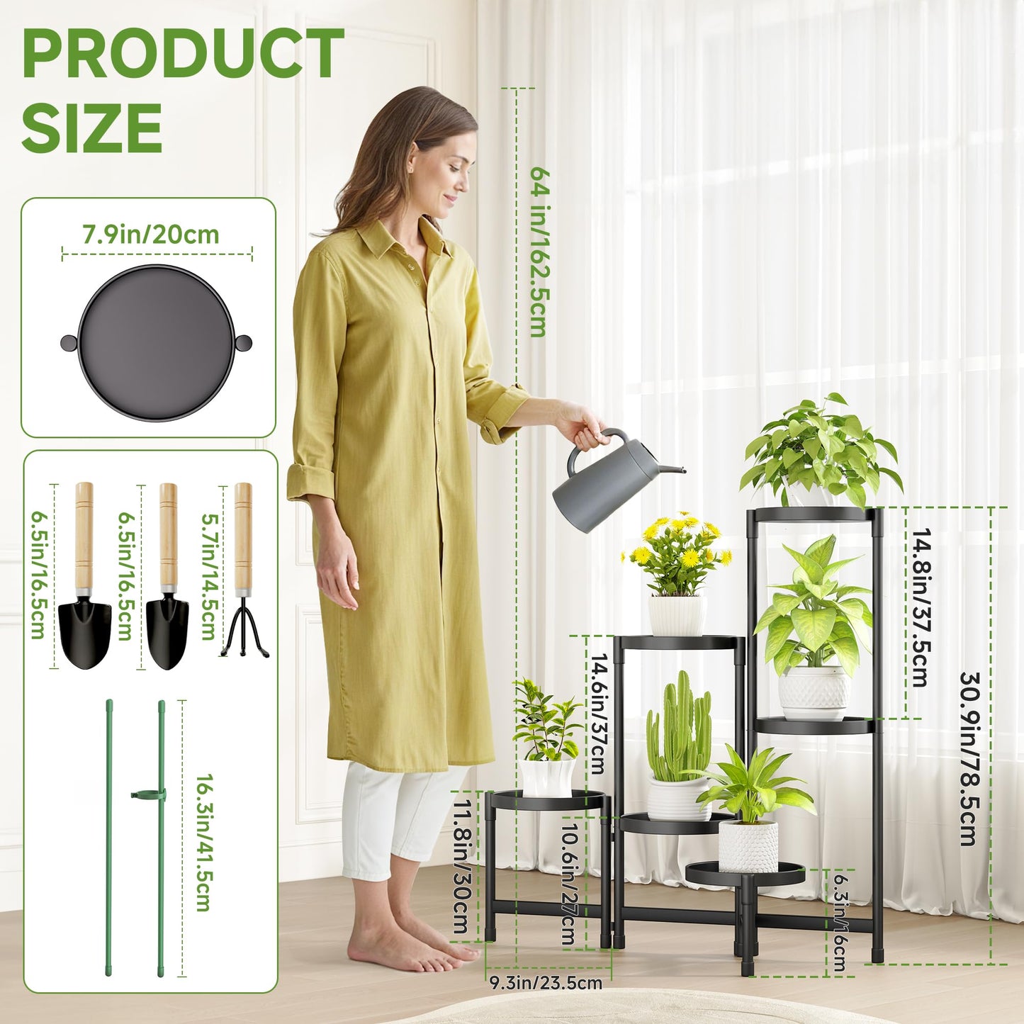 Biciyarn Plant Stand Indoor Outdoor with Metal Tray 6 Tiered Corner Plant Holders for Folding Plants Flower Pot Holder Display Stand for Living Room Balcony Garden-Black
