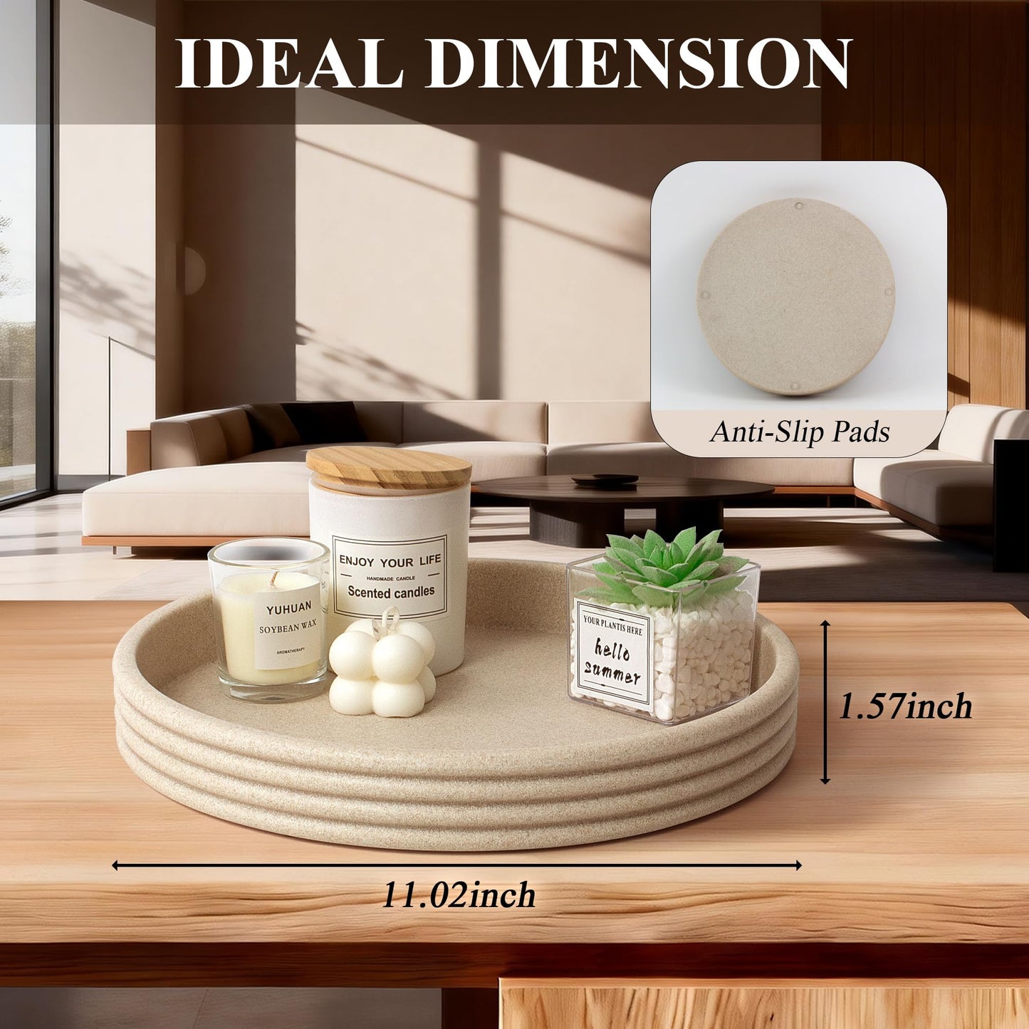 YMXYJM Round Decorative Tray - Modern Coffee Table Tray Decor, Resin Home Decor for Living Room & Bedroom. Multi-Functional Coffee Table Centerpiece with Anti-Slip Pads - 11x1.5 Inch Key Trays - Beige