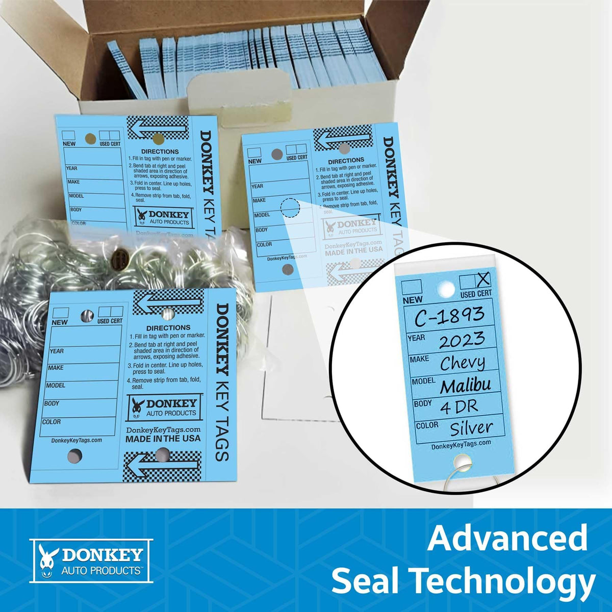 Donkey Key Tags, Laminated Self-Protecting (250 Tags per Box with Metal Rings) (Blue)