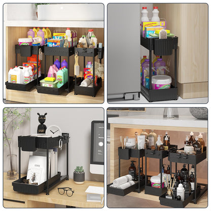3 Pack Under Sink Organizers, 2-Tier Multi-Use Kitchen and Bathroom Organizers and Storage with Sliding Drawers，Bathroom Cabinet Organizer (Black, 12.8 Inch)