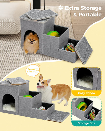 PETEPELA Dog Steps for Bed, 3 Steps for Dog Step for Sofa with Storage for Small Dogs for Bed, Foldable Pet Stairs for Couch and High Bed Hold up to 30KG, Wood Grey