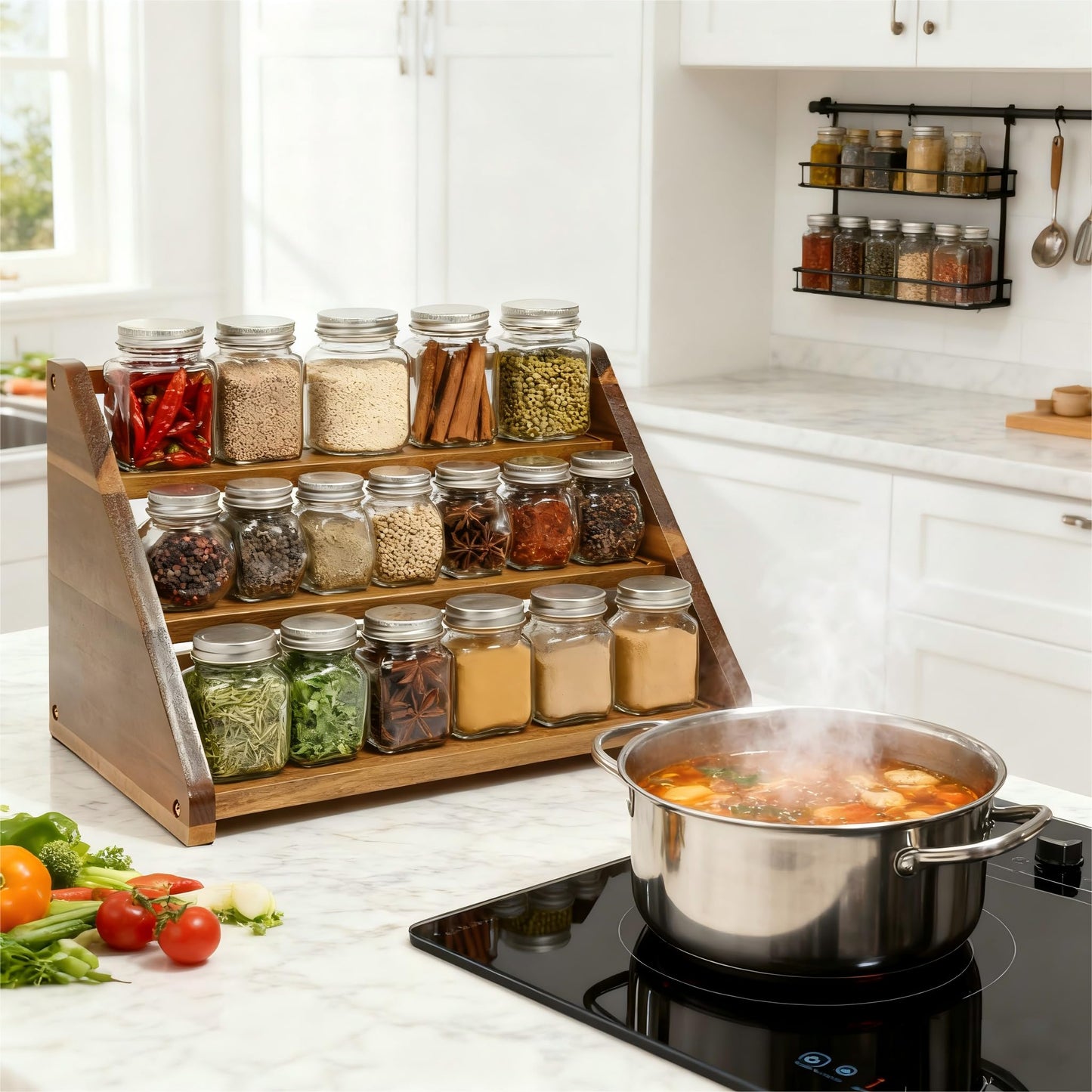 Arflo Acacia Wooden Spice Rack for Countertop - 3 Tiered Spice Rack Organizer for Cabinet - Kitchen Spices Organizers Holds 21 Jars - Spices Shelf for Kitchen Storage Pantry Seasoning Organizer