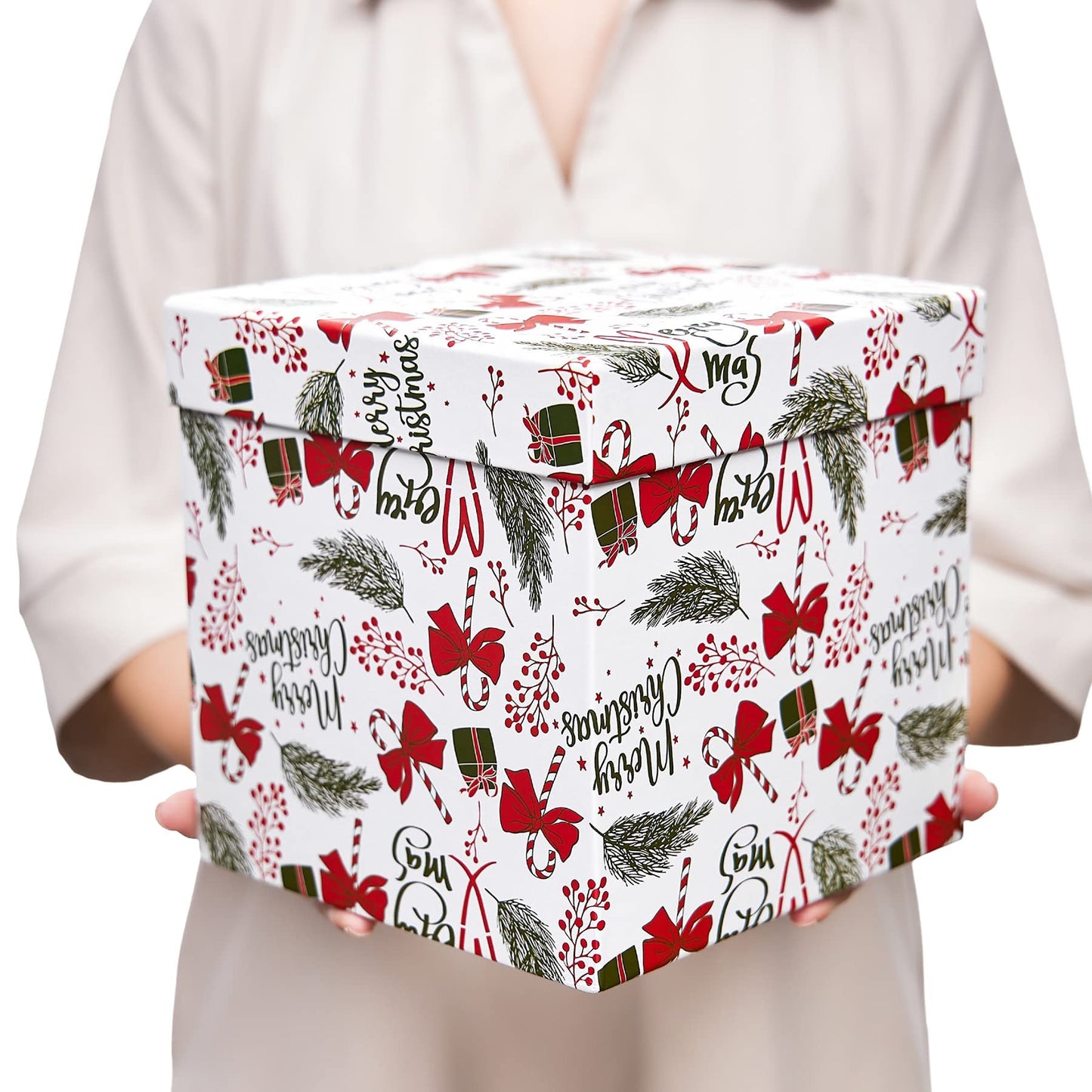 UNIQOOO 5PCS Christmas Nesting Gift Boxes with Lid, Nested Box Set, 5 Sizes, Square Stackable, Red White Green, Xmas Berry Candy Cane Paper Box Tower Décor, Holiday Thanksgiving New Year Packaging