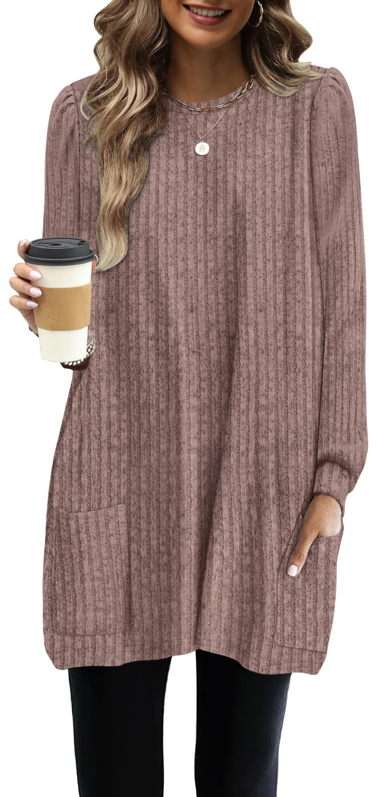 OFEEFAN Long Sleeve Shirts for Women Long Sweaters with Pockets Tunic Tops Loose Fit