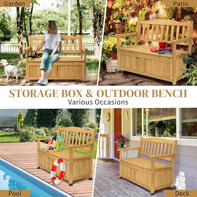 Outvita Outdoor Wood Storage Bench, Wooden Large Deck Box with Seating & Armrest, Waterproof Patio Organizer Loveseat for Garden Porch Deck Backyard Poolside(Yellow)