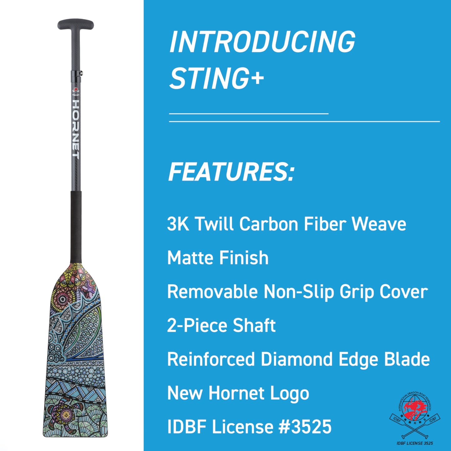 Hornet Watersports Dragon Boat Paddle - Turtle Design - Adjustable Carbon Fiber Dragon Boat Paddle - IDBF Approved - Dragon Boat Accessories (Clamp Adjustable)