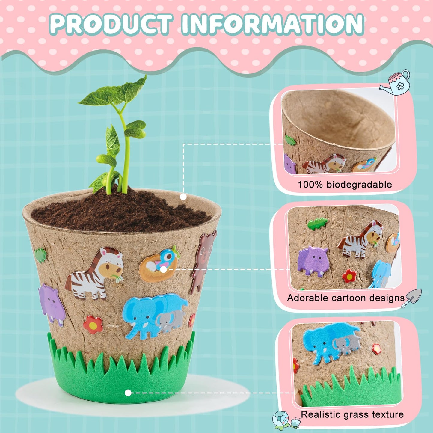 NNG 20 Set Garden Paper Pot Craft Kit,20Pcs Round Paper Mache Pots Peat Plant Pots with 200pcs Adhesive Foam Stickers & 20Pcs Pots Labels,Flower Plant Spring Craft for DIY Flower Planting