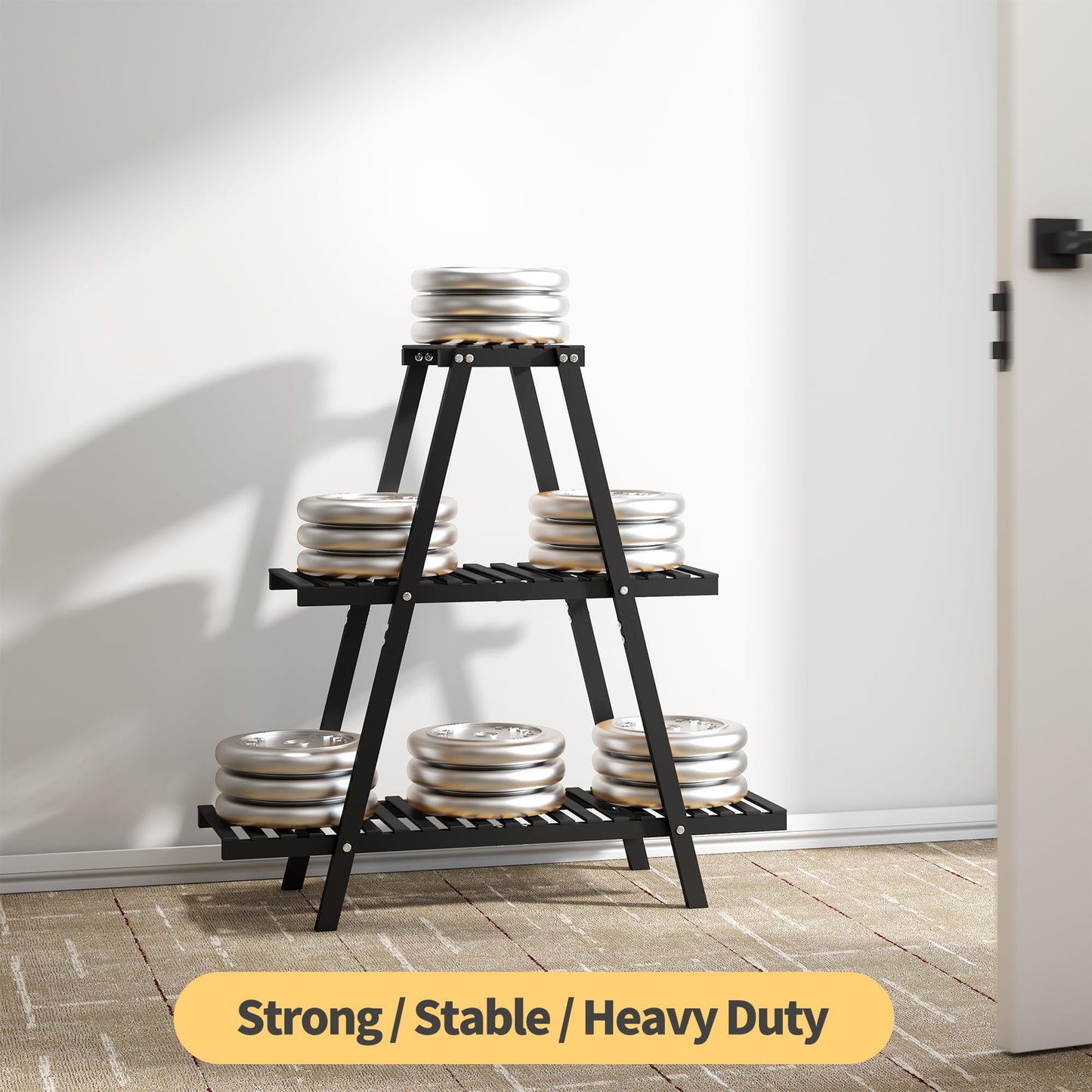 Furshus Bamboo Plant Stand Indoor/Outdoor, 3-Tier, Black, Rectangular, 8 Potted Flower Holder Ladder Plant Rack