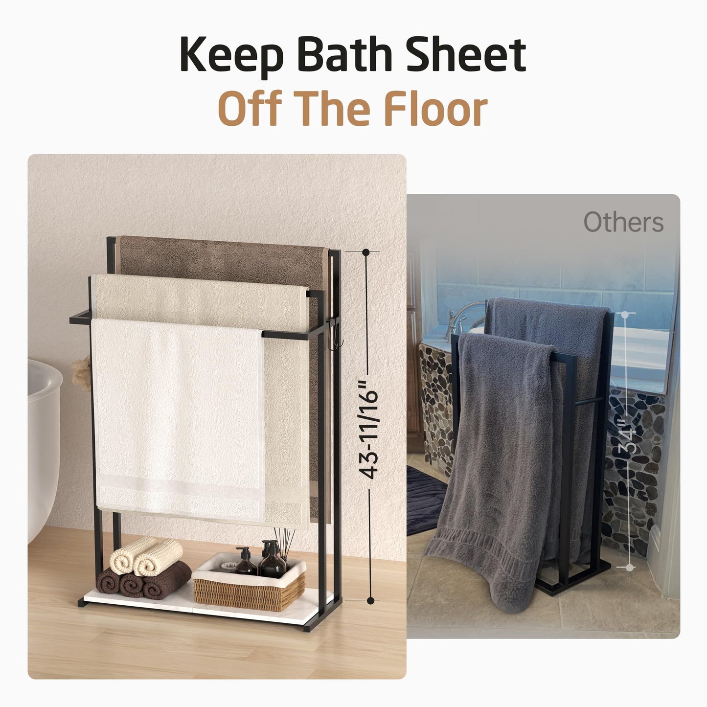 KES Extra Large Free Standing Towel Racks for Bathroom with Anti Wobble Base, 44 Inch Blanket Rack, 3-Tier Blanket Holder for Living Room with Weighted Marble Shelf & 4 Hooks, Matte Black, BTH504-BK