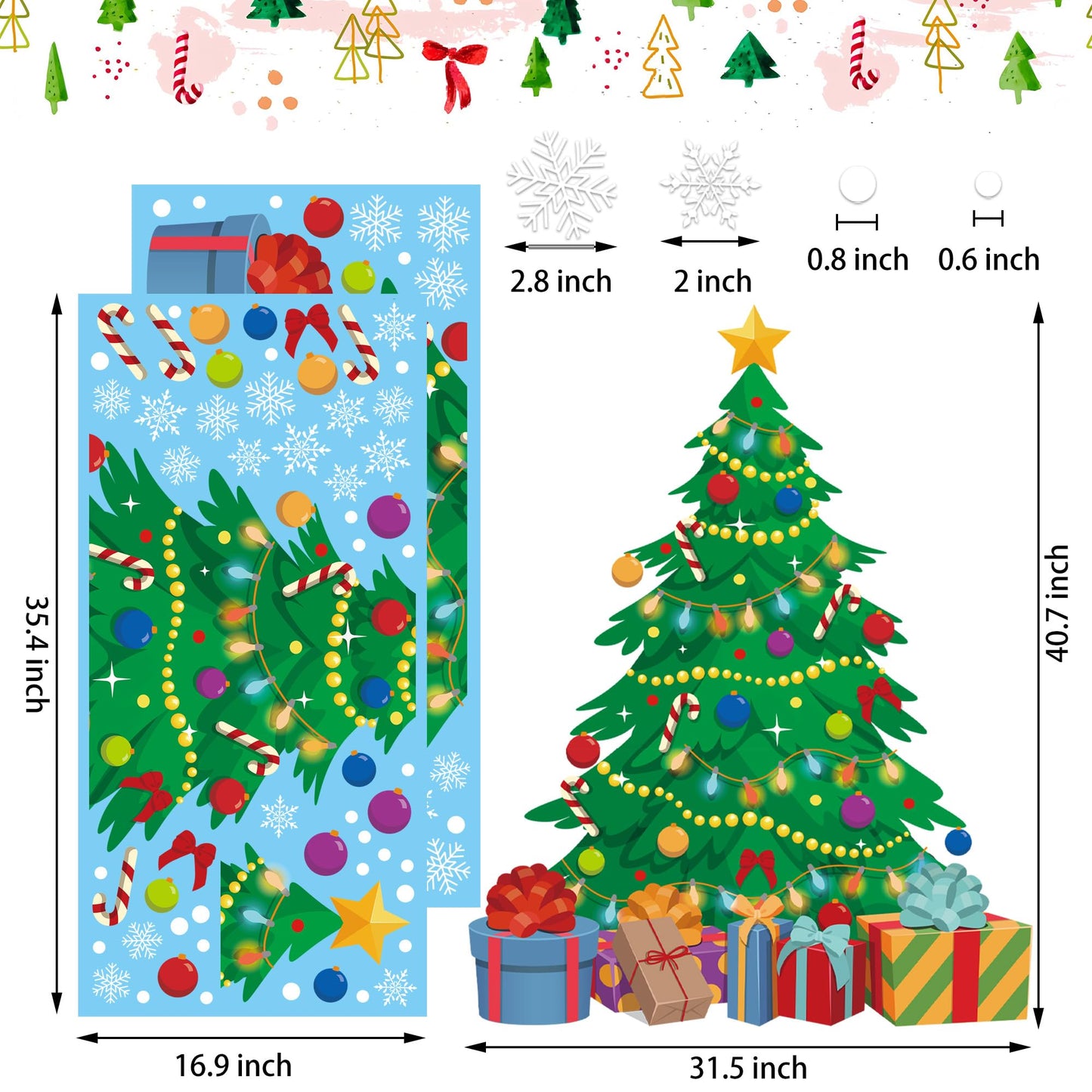 2 Sheet Christmas Tree Window Clings Extra Large Xmas Tree Snowflake Window Decals Stickers Reusable Double-Sided Christmas Windows Decorations for Xmas Winter Holiday Party Home Office Glass Decor