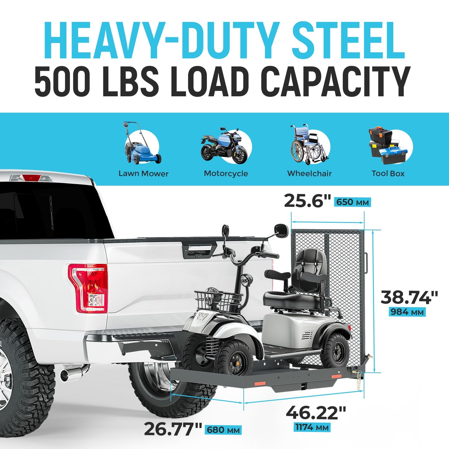 ECOTRIC 46.2 X 26.8 X 38.7 Inch Hitch Cargo Carrier W/Ramp Foldable 500 Lbs Trailer Hitch Mount Steel Wheelchair Carrier Mobility Scooter Ramp 2" Hitch Receiver for Snow Blower SUV Truck Van Car