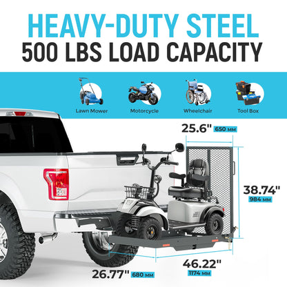 ECOTRIC 46.2 X 26.8 X 38.7 Inch Hitch Cargo Carrier W/Ramp Foldable 500 Lbs Trailer Hitch Mount Steel Wheelchair Carrier Mobility Scooter Ramp 2" Hitch Receiver for Snow Blower SUV Truck Van Car