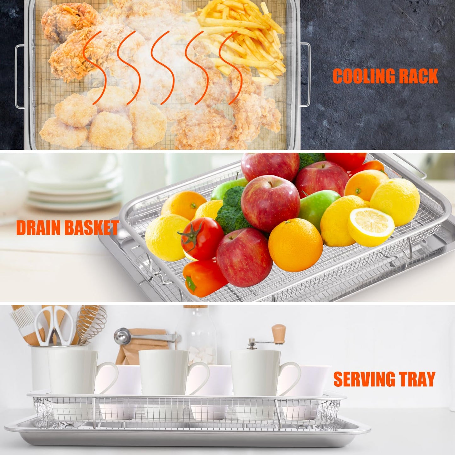 Air Fryer Basket for Oven 15.7"x11.8", 2-Pair Set Large Air Fryer Basket and Tray Stainless Steel Oven Air Fryer Accessories Pan Rack for Cooking Baking and Broiling