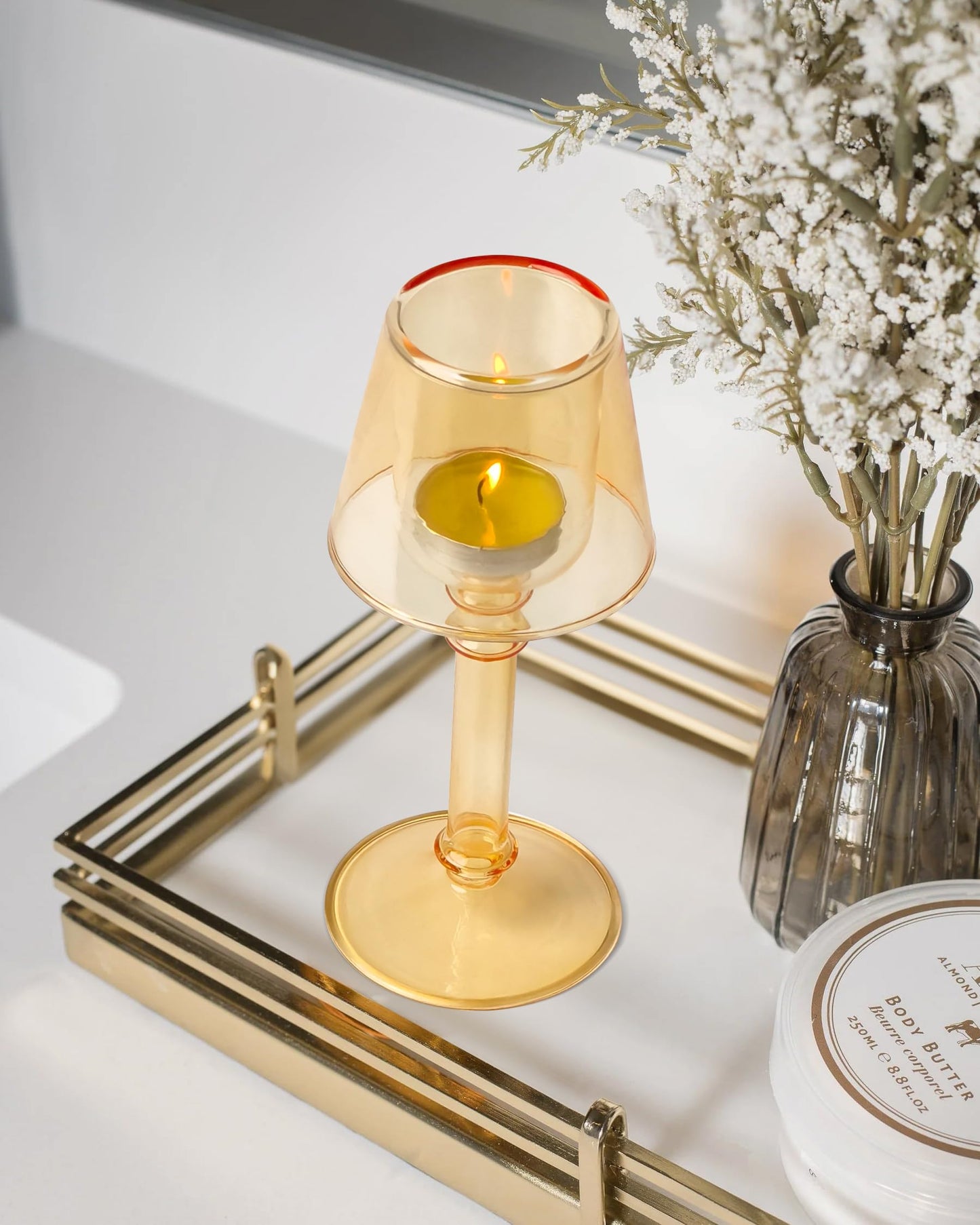 Gurfuy Amber Glass Hurricane Candleholder - Desk Lamp Shaped Glass Hurricane Candle Holder Crystal Decorative Candle Stand for Table Wedding Dinning Centerpieces Party Supplies Festival Decor