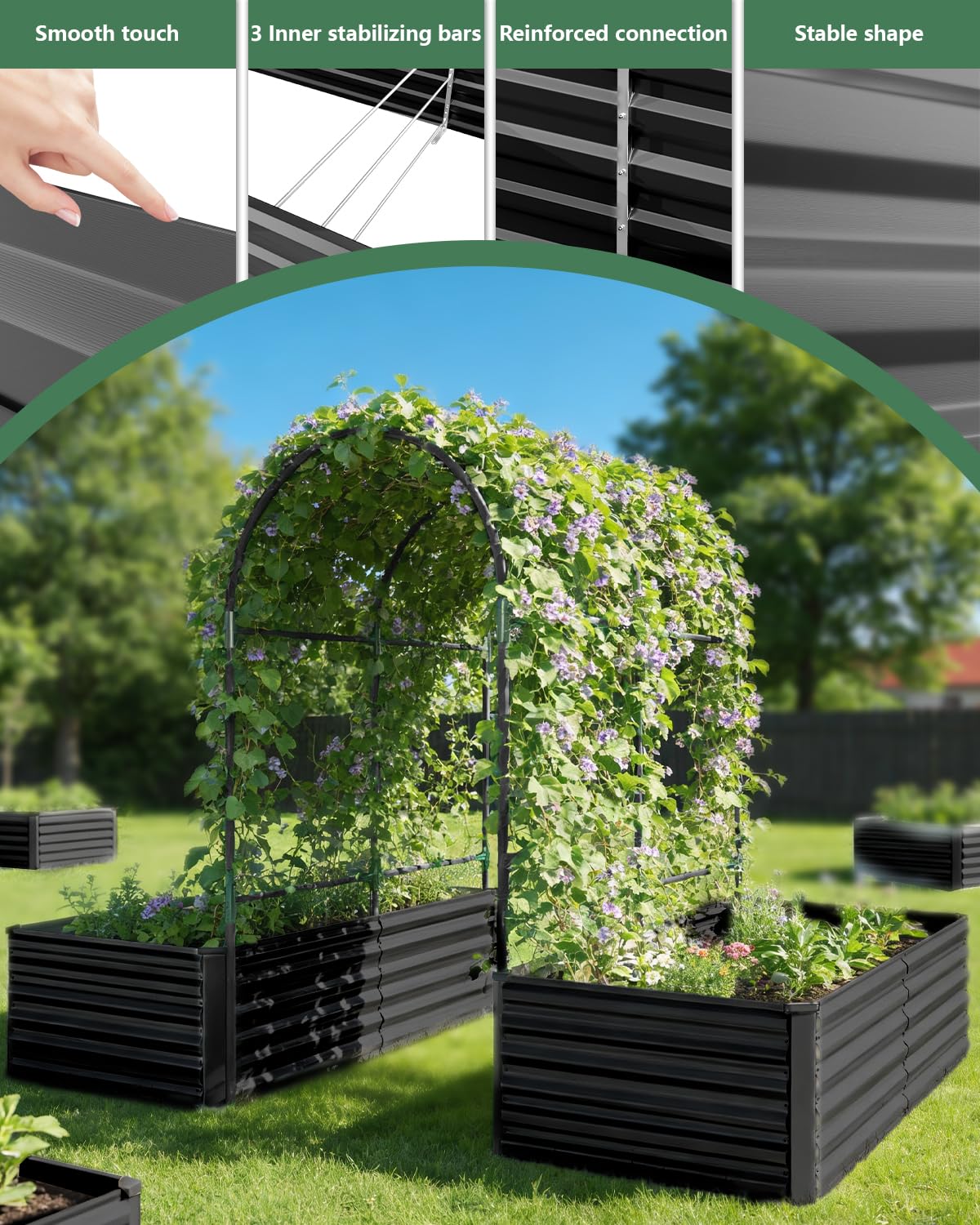 Raised Garden Bed with Arch Trellis for Climbing Plants,Galvanized Raised Garden Bed,Planter Boxes Outdoor for Vegetables Flowers Herb,269 Gallon Capacity Black