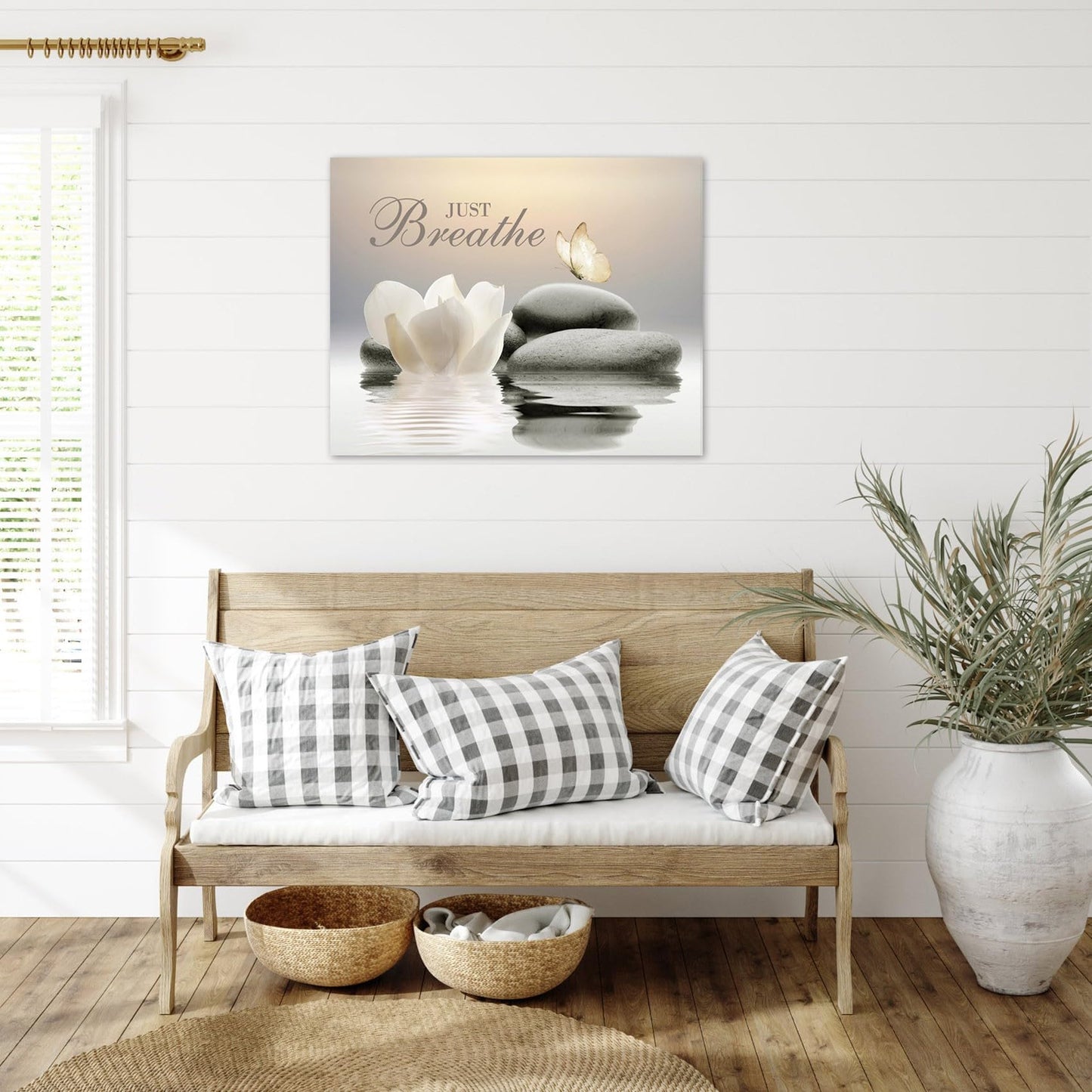 EOBTAIN Zen Flower Canvas Wall Art Bathroom Butterfly and Water Lily Stone Relaxing Spiritual Yoga Framed Wall Art Just Breathe Pictures Canvas Wall Decor for Living Room Bedroom,12x16 Inches