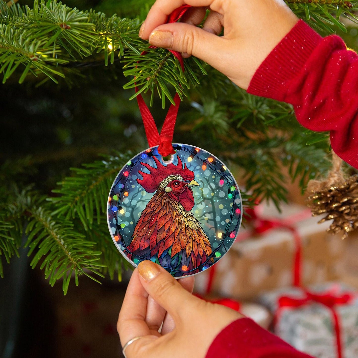 Fastpeace Chicken Rooster Farm Christmas Ornament - Stained Glass Style Christmas Rooster Ornament - Perfect Hanging Decoration - Gift for Farmer, Chicken Lovers, Family, Friends (Chicken Acrylic)