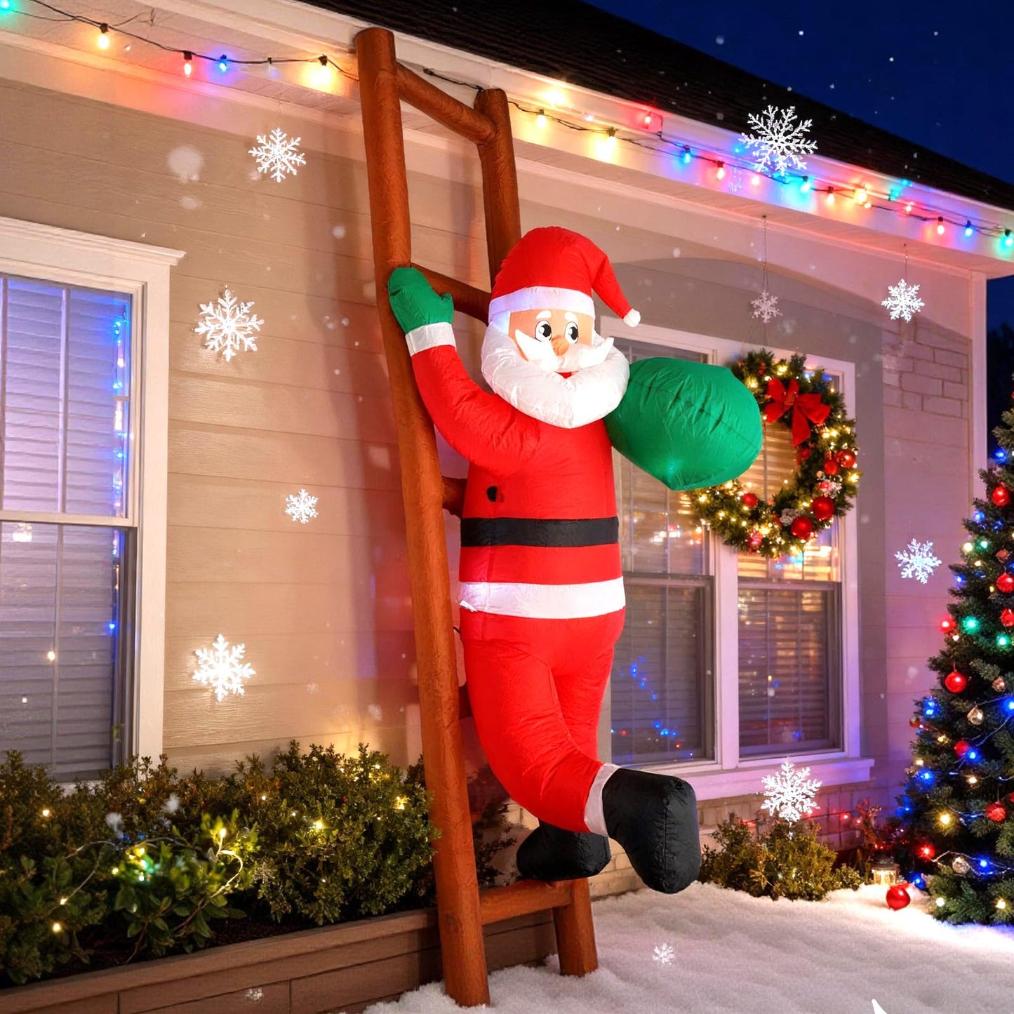 InfleasJoiy 8FT Santa Claus Climbing on Ladder Christmas Decoration with Built-in LED Lights, Christmas Outdoor Inflatable Decoration for Lawn, Yard, Garden, Patio