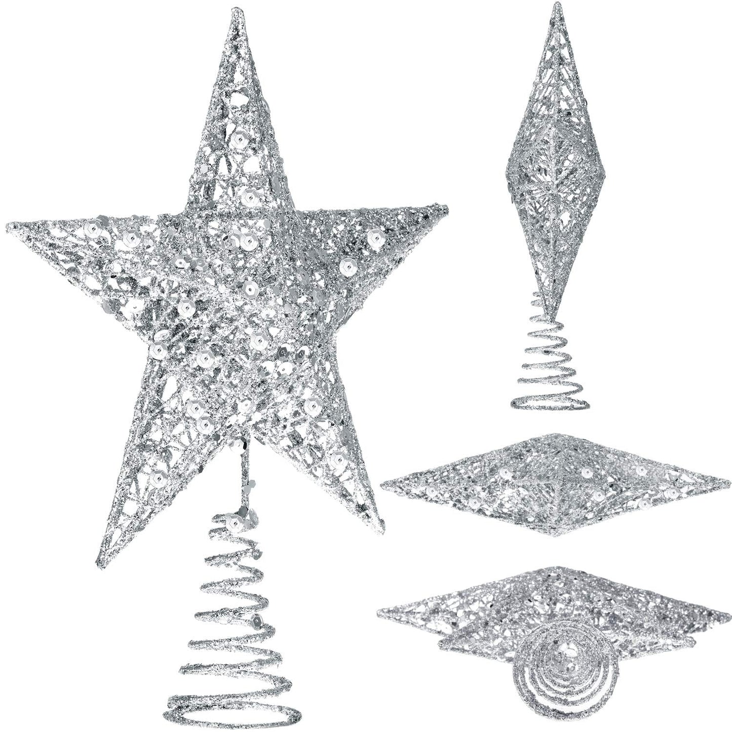 Blulu 2 Pieces Metal Glittered Christmas Tree Topper Star Treetop Hollow Wire Star Topper for Christmas Tree Ornament, 2 Sizes (Silver)