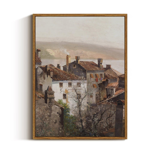 VIYYIEA Vintage Framed Canvas Wall Art, European Towns Landscapes Art, Living Room Hallway Bedroom Library Rustic Retro Neutral Decor, Antique Country Town Picture Paintings,12x16 Inch