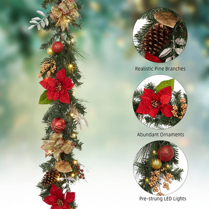 Adeeing 6FT Christmas Garland with Lights, Prelit Artificial Christmas Garland with Pine Cones Poinsettia, Cordless Xmas Garland for Fireplace Mantle Stairecase Indoor Outdoor Holiday Home Decorations