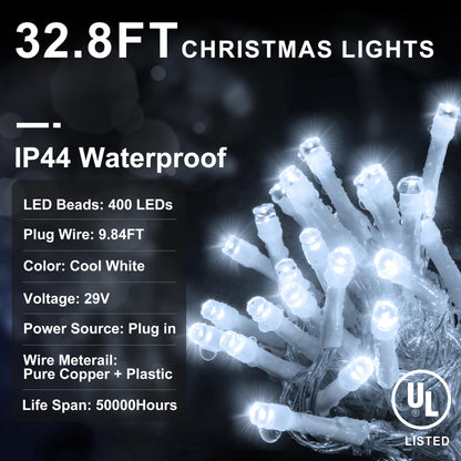 KNONEW Christmas Lights Outdoor Decorations 400 LED 33ft 8 Modes Curtain Fairy String Light with 75 Drops, Clear Wire LED String Light Decor for Wedding Party Holiday Christmas Decorations(Cool White)
